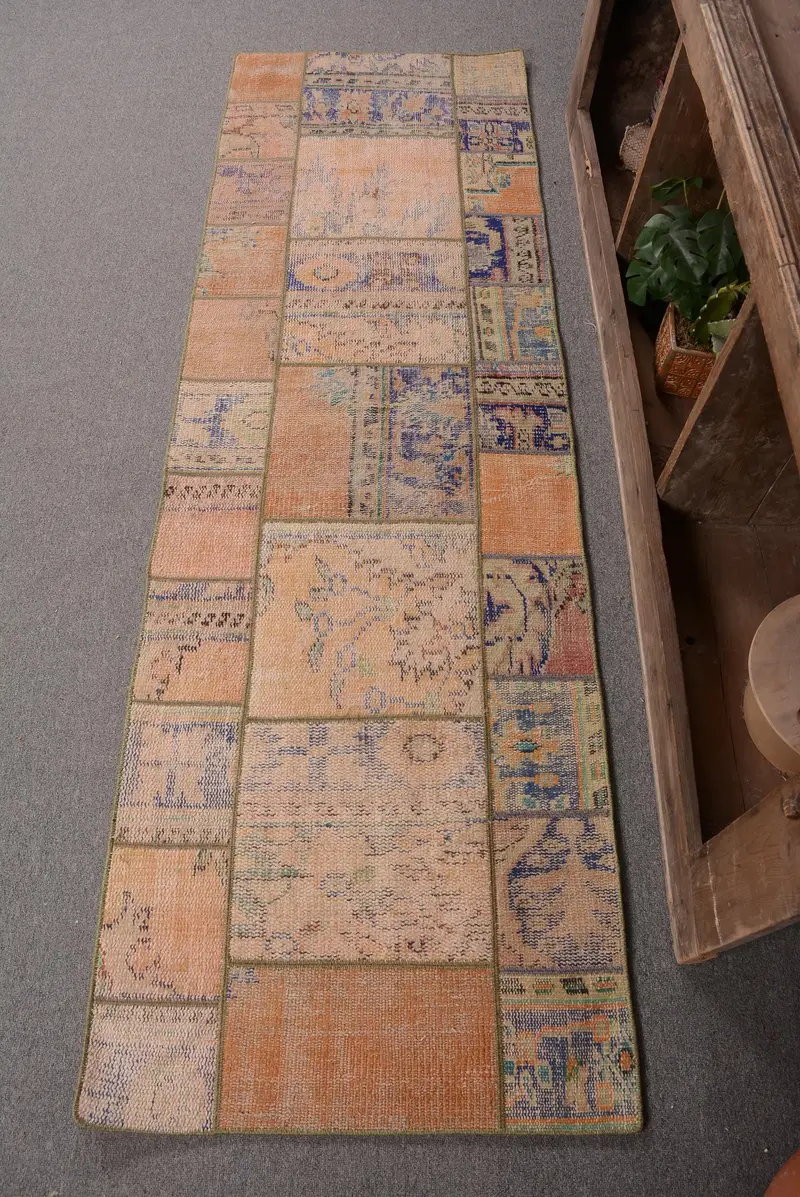 鮮やかなオレンジとブルーのイカットラグ、2.3x7.3フィート