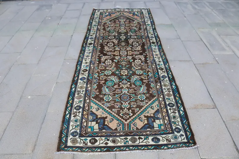 Alfombra de 3,6x9,3 pies, alfombra turca vintage, alfombra floral marrón Oushak - 1