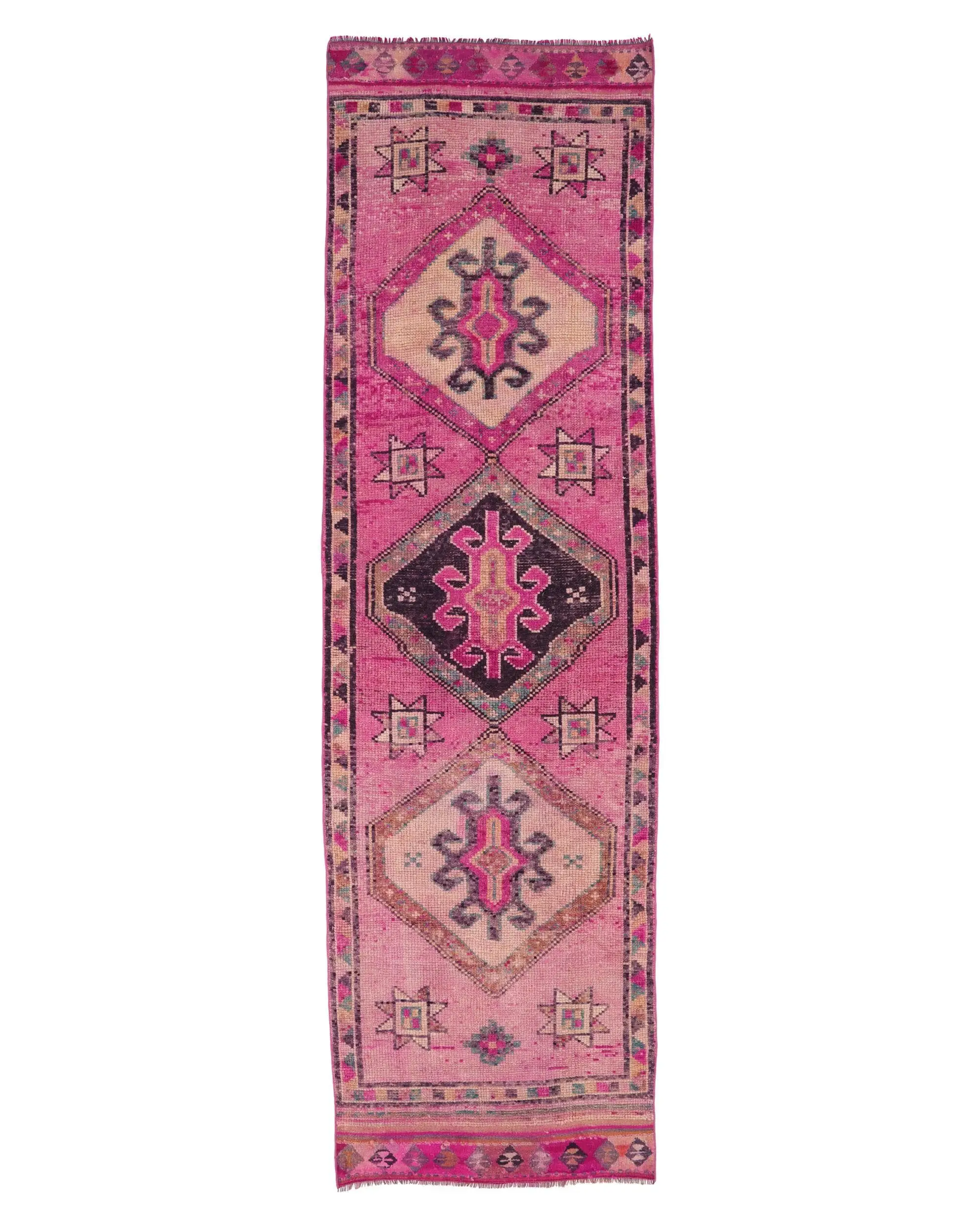 Vintage Turkish Rug, 3.1x10.9 ft Runner Rug, Pink Blue Animal Print Wool Rug - 1