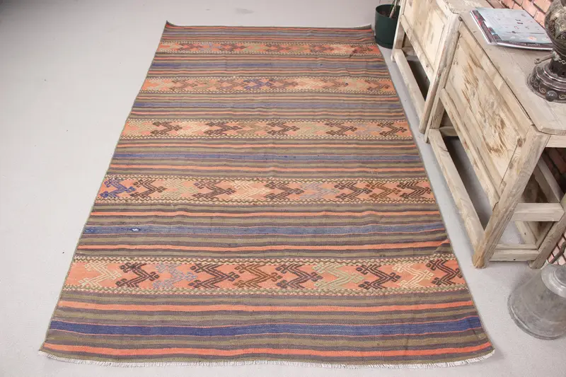Green & Orange Rug, 4,6x7,9 ft Striped with Geometric Shapes