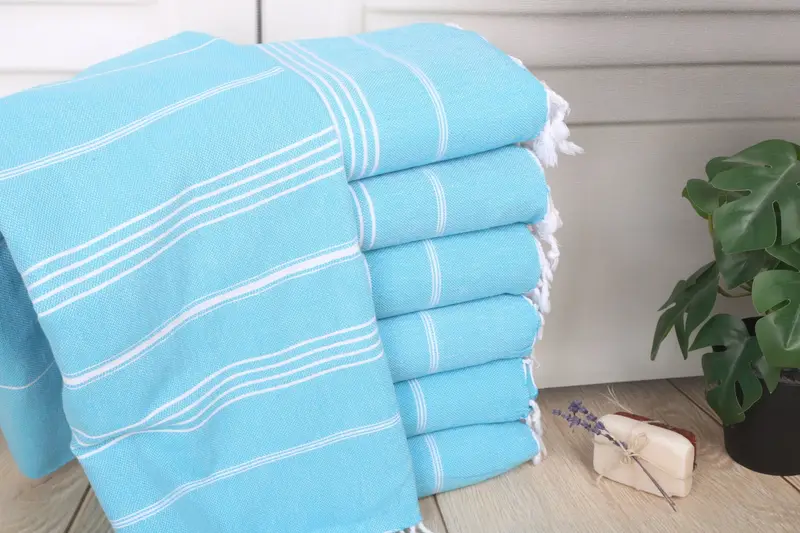 Beach Towel Turquoise Striped Organic Cotton, 70x40 Inches