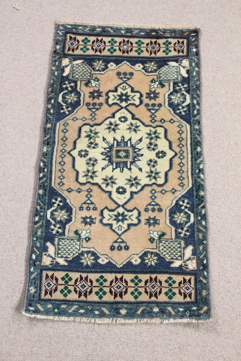 鮮やかなオレンジとブルーのラグ、1.6x3.1フィートのイカットパターン