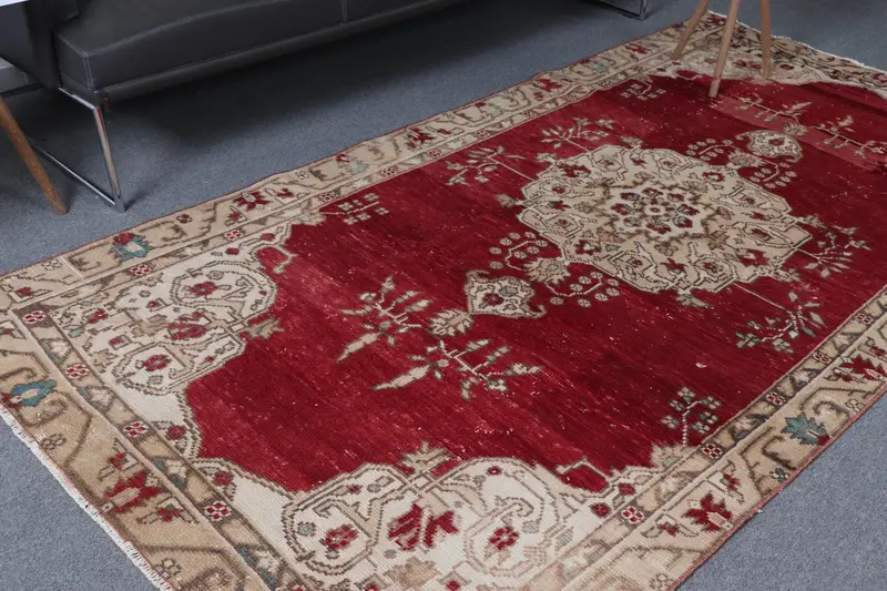 4.5x8.8 ft Halı, Türk Oushak Halısı, Vintage Kırmızı Yün Oryantal Halı - 1