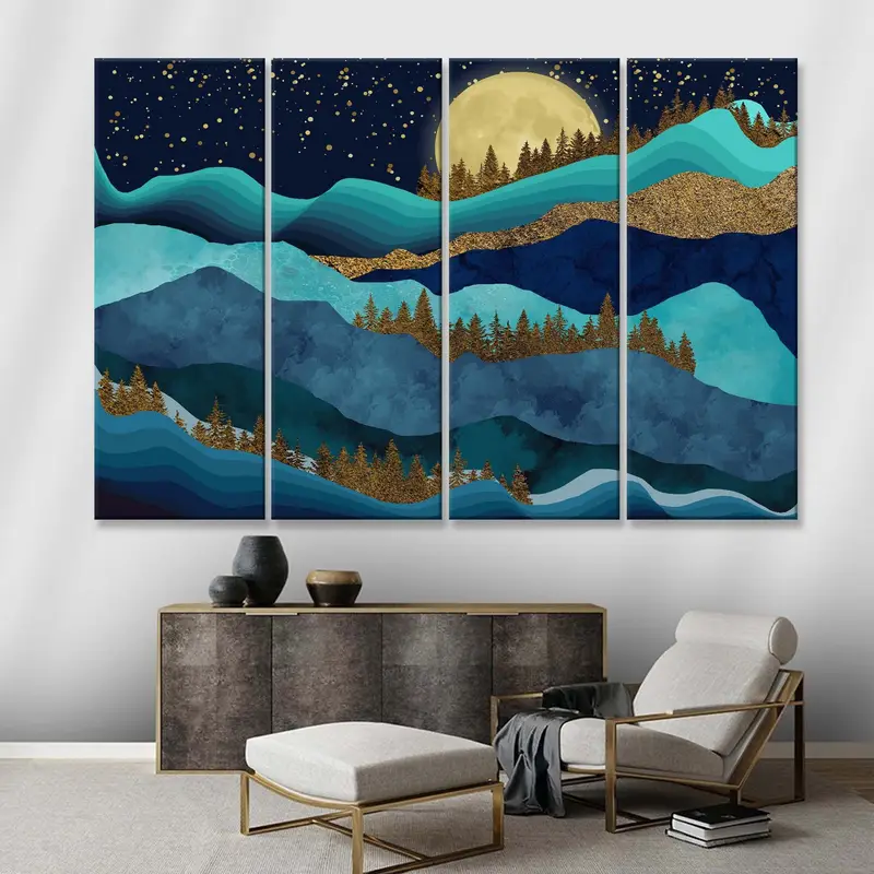 Teal Afternoon Canvas, Abstract Wall Art, Landscape Canvas Print, Blue And Gold Wall Decor, Midnight Mountain Canvas, Spacefrog Painting - 8