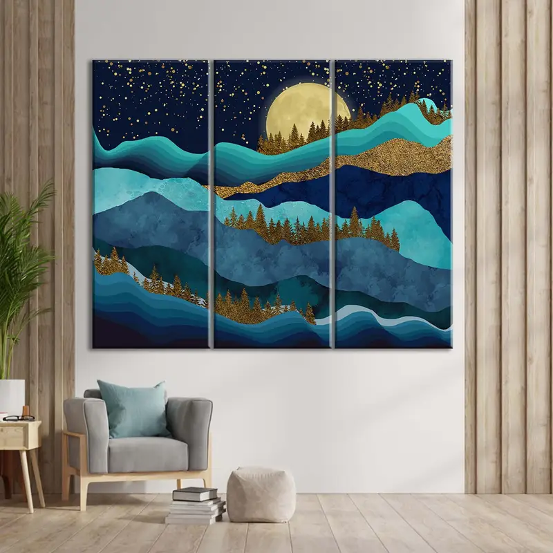 Teal Afternoon Canvas, Abstract Wall Art, Landscape Canvas Print, Blue And Gold Wall Decor, Midnight Mountain Canvas, Spacefrog Painting - 5