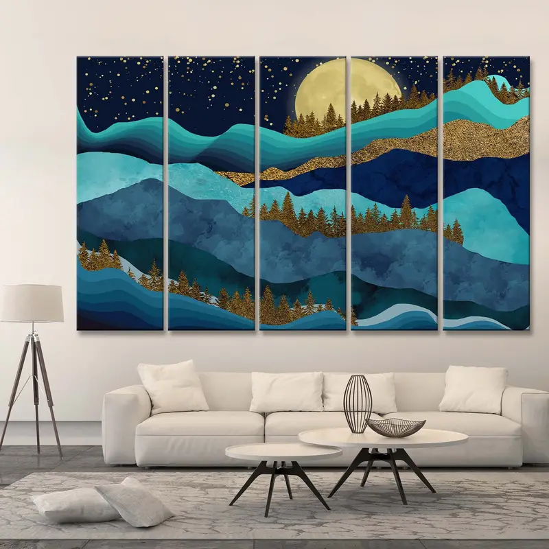 Teal Afternoon Canvas, Abstract Wall Art, Landscape Canvas Print, Blue And Gold Wall Decor, Midnight Mountain Canvas, Spacefrog Painting - 6