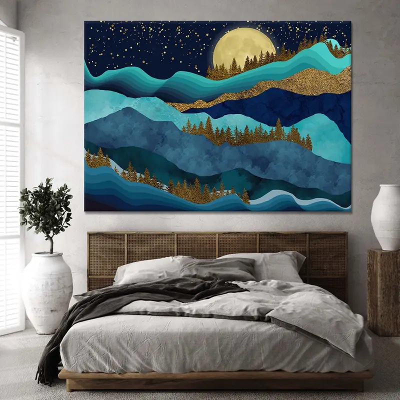 Teal Afternoon Canvas, Abstract Wall Art, Landscape Canvas Print, Blue And Gold Wall Decor, Midnight Mountain Canvas, Spacefrog Painting - 1