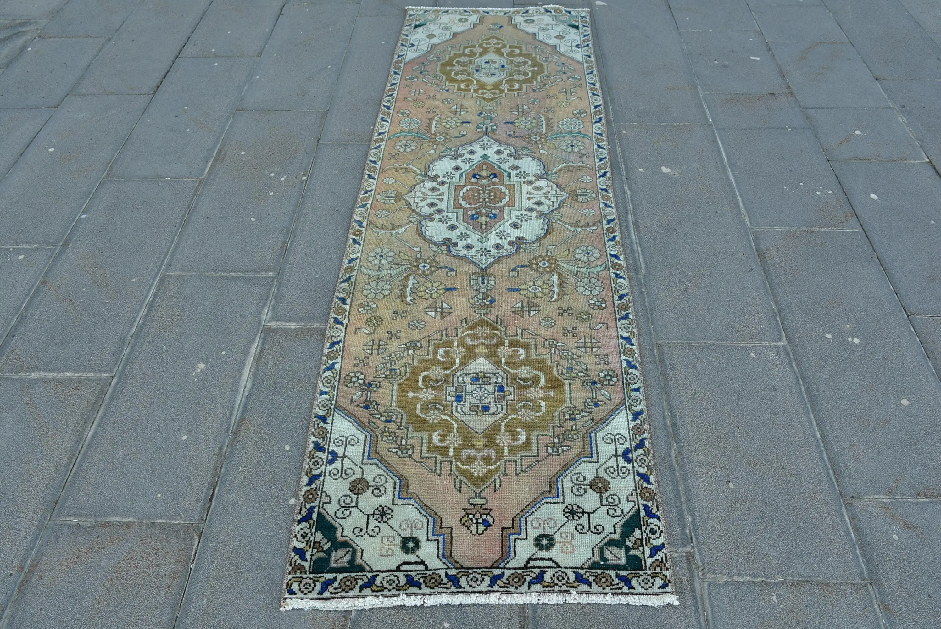 Vintage Turkish Runner Rug 2.3x7.4 ft, Brown Blue Rug - 1