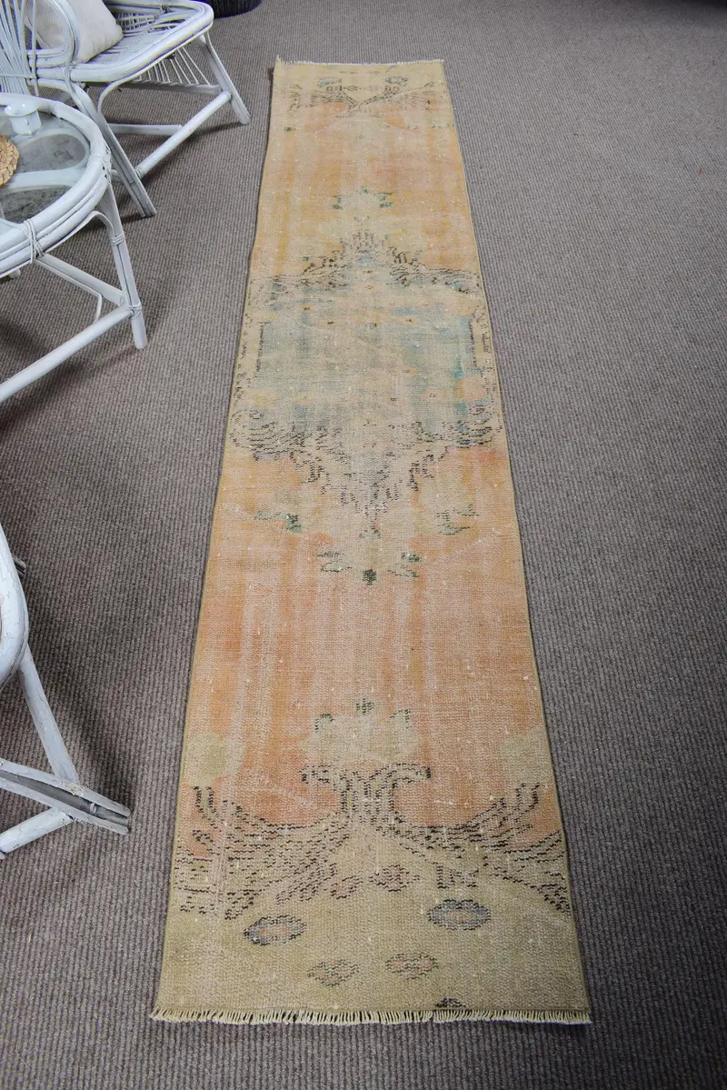 Vintage Rug, 1.8x9 ft Runner Turkish Rug, Oushak Brown Yellow Animal Print Rug - 1