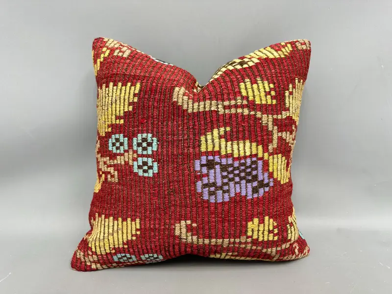 Vintage Kilim Pillow, Handmade Throw Pillow Case, Pillow Cover, 20x20 Red Pillow, Home Decor Pillow, Handmade Kilim Cushion - 1