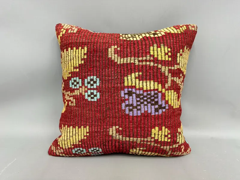 Vintage Kilim Pillow, Handmade Throw Pillow Case, Pillow Cover, 20x20 Red Pillow, Home Decor Pillow, Handmade Kilim Cushion - 4