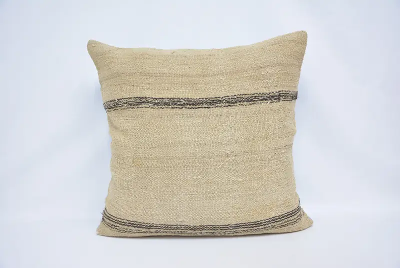 Beige & braun gestreiftes Wurfkissen, Vintage besticktes Kissen
