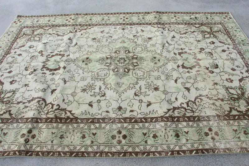 Türk Vintage Halı, 6.1x9.2 ft Oushak Halı, Yeşil Büyük Düz Halı - 1