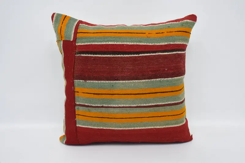 Turkish Striped Wool Cushion Case, Moroccan 24x24 inch Red Pillowcase - 1