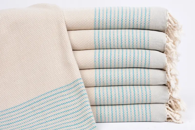 Beige-Blue Striped Turkish Cotton Tea Towel, 36x20 Inches