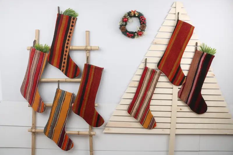 Patrón de adornos navideños, calcetín navideño Kilim de 22 pulgadas de ancho