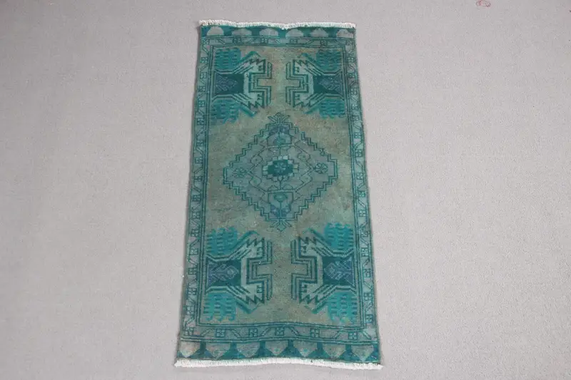 Abstrakter Teppich in Grün und Beige, 1,4 x 3 Fuß, elegantes Dekor