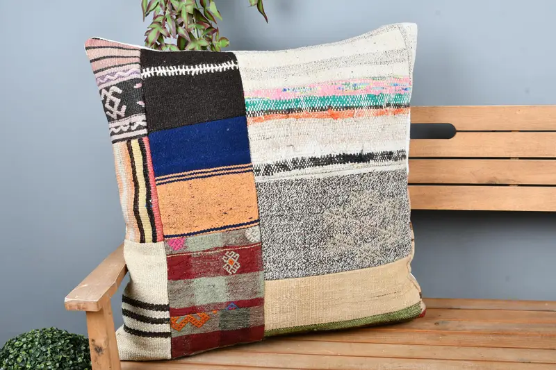 Home Decor Pillow, Cushion Cover, Ethnical Kilim Rug Pillow, Kilim Pillow Cover, 28x28 White Cushion, Bolster Throw Cushion Case - 1