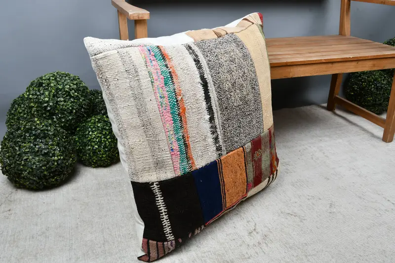 Home Decor Pillow, Cushion Cover, Ethnical Kilim Rug Pillow, Kilim Pillow Cover, 28x28 White Cushion, Bolster Throw Cushion Case - 7
