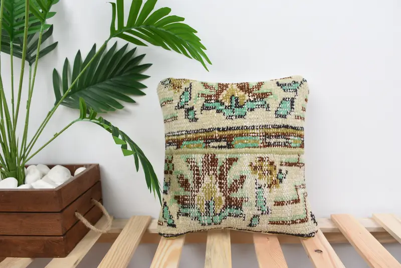 Interior Designer Pillow, Handwoven Cushion Case, 12x12 Beige Pillow Case, Cushion, Antique Pillows, Ethnical Kilim Rug Pillow - 1