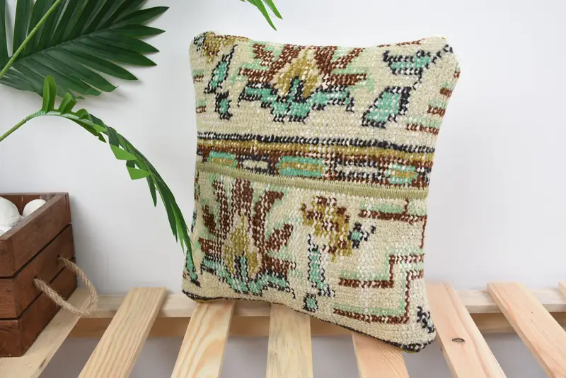 Interior Designer Pillow, Handwoven Cushion Case, 12x12 Beige Pillow Case, Cushion, Antique Pillows, Ethnical Kilim Rug Pillow - 5