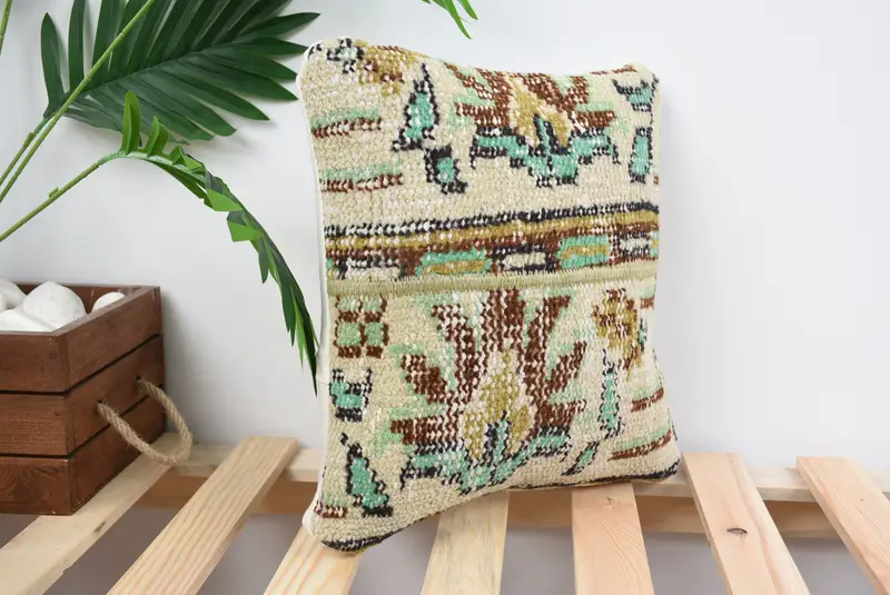 Interior Designer Pillow, Handwoven Cushion Case, 12x12 Beige Pillow Case, Cushion, Antique Pillows, Ethnical Kilim Rug Pillow - 4