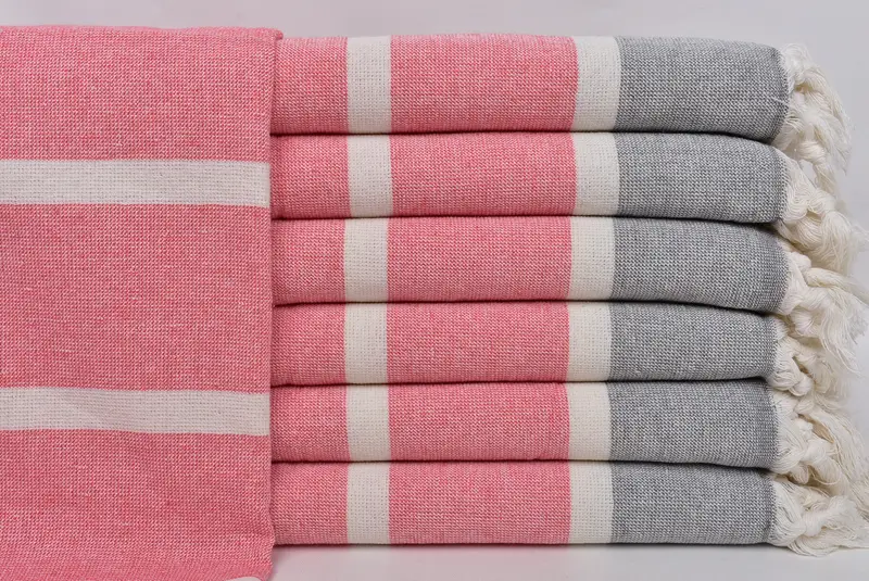 Personalized Turkish Hand Towel Red-Gray Striped, Organic Cotton, 18x36 Inches