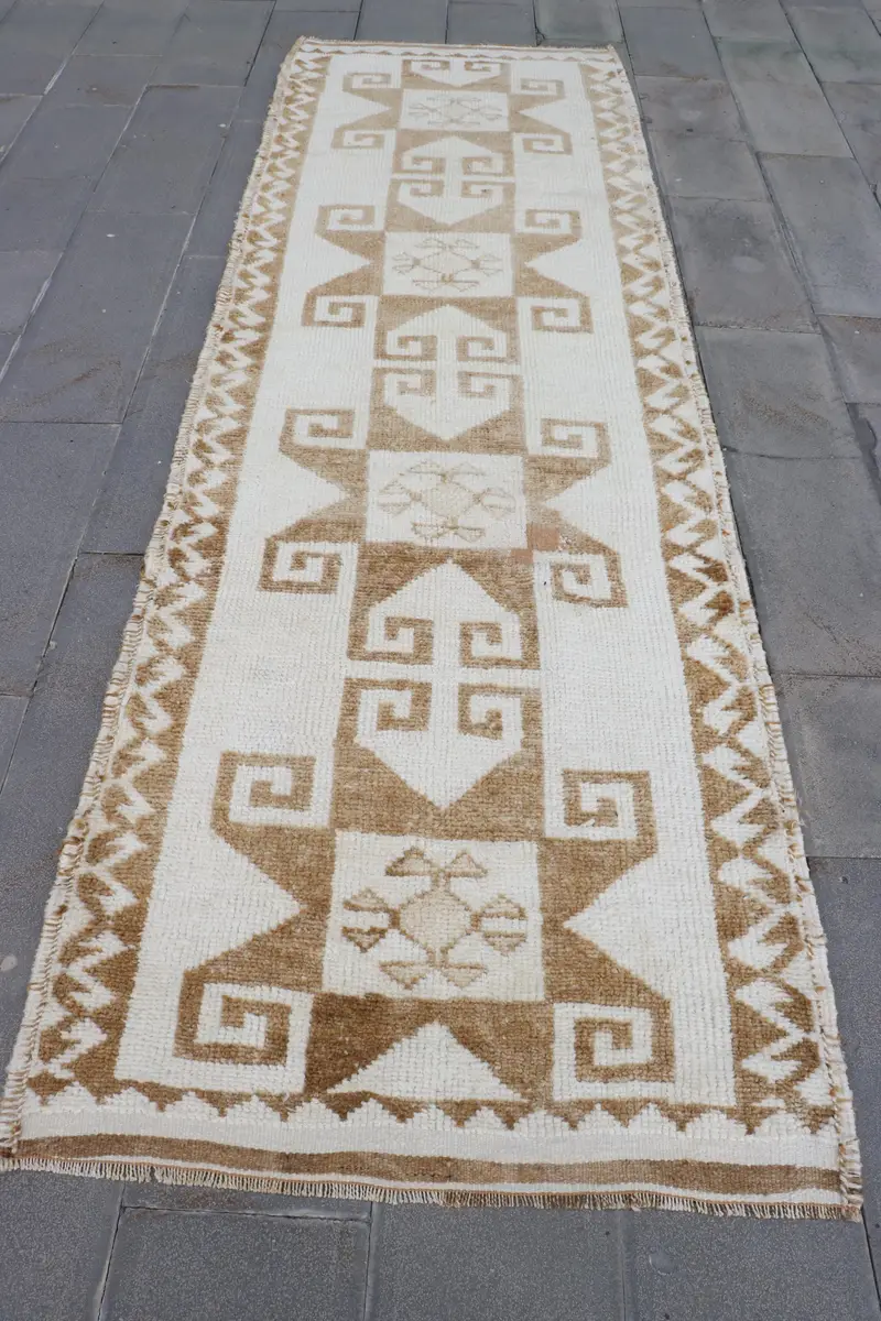 3.5x11.2 ft Vintage Turkish Rug, Runner Rug, Herki White Wool Rug - 1