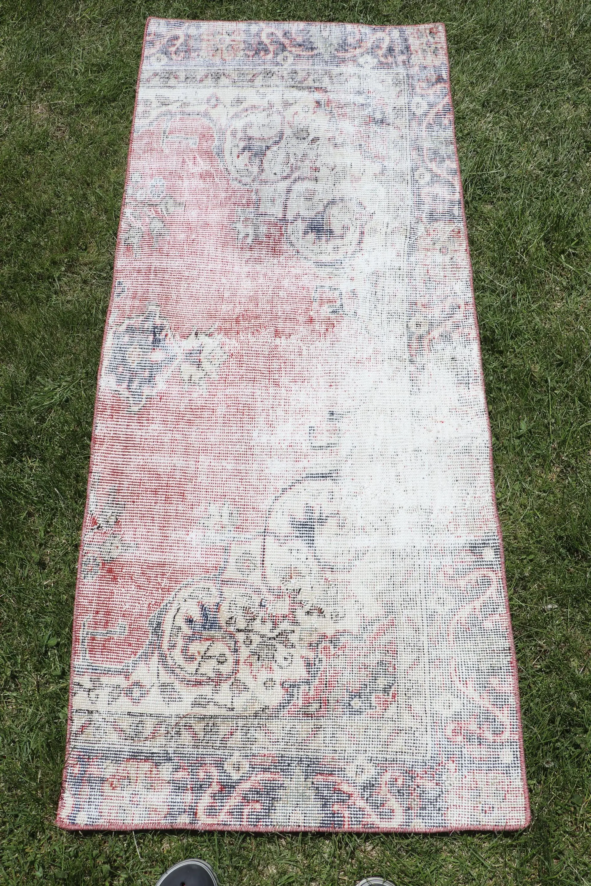 2.3x5.6 ft Vintage Rug, Turkish Small Rug, Red White Animal Print Rug - 1