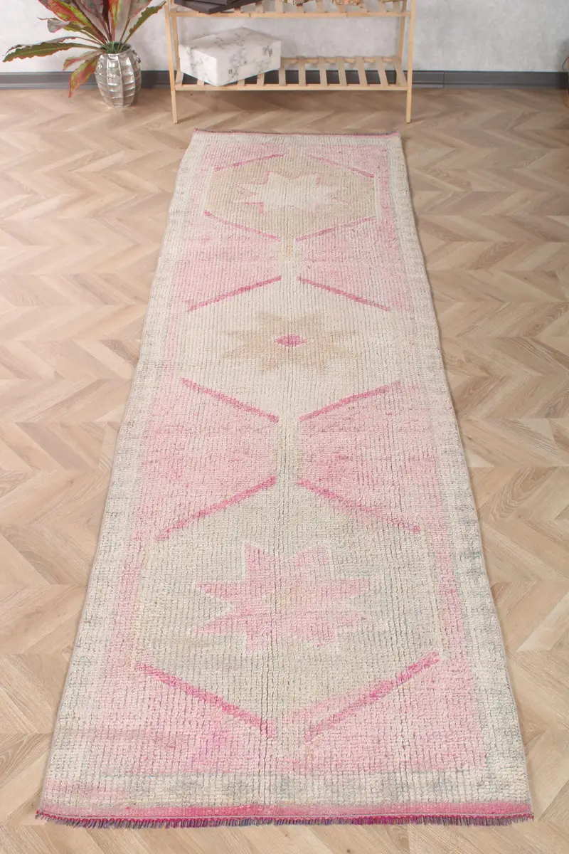 Herki Rug, 3x9.7 ft Vintage Rug, Pink Geometric Rug Wool - 1