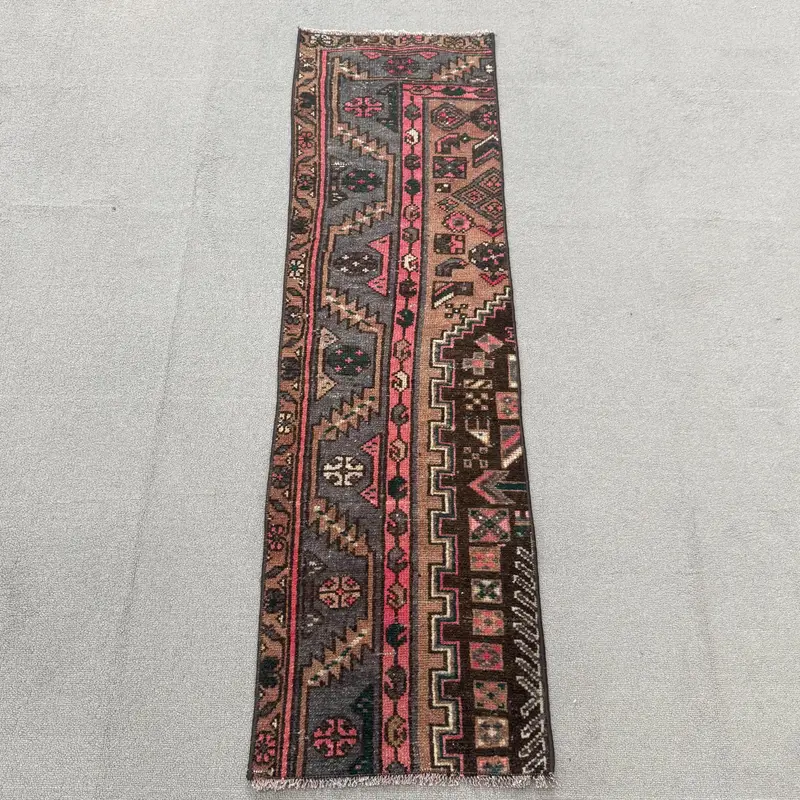Turkish Small Rug 1.3x4.5 ft, Brown Red Ombré Rug Wool - 1