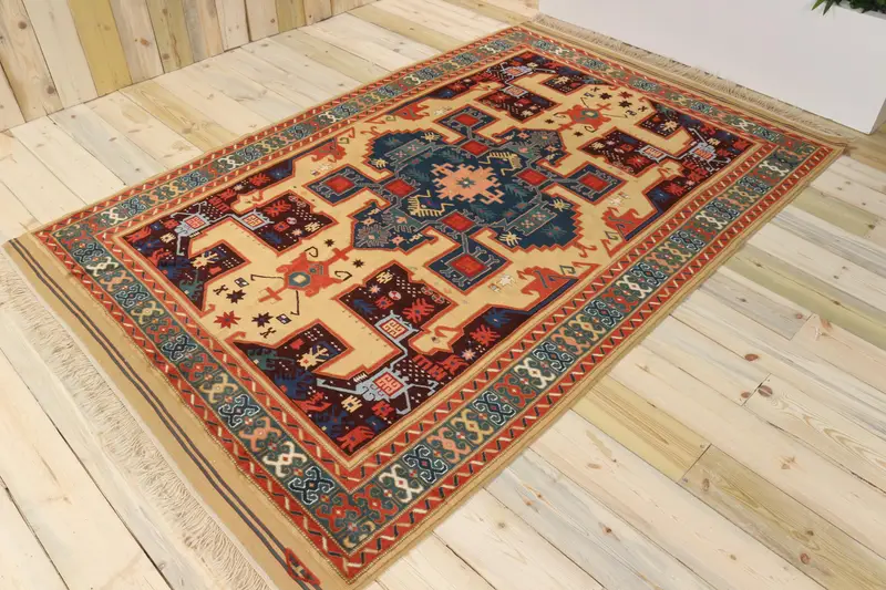Vintage Turkish Oushak Rug 5x7.9 ft, Red Area Abstract Wool Rug - 1