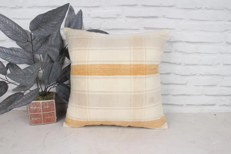Boho Pillow Sham Cover, Neutral Throw Pillow Case, Vintage Kilim Pillow, 18x18 White Pillow, Interior Designer Pillow, Cushion Case - 1