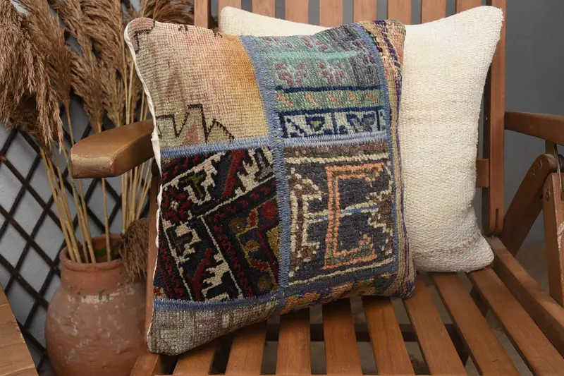 Boho Pillow Sham Cover, Turkish Kilim Pillow, Wool Kilim Pillow Cushion Cover, Cushion Cover, Gift Pillow, 14x14 Brown Pillow, Floor Pillow Cover - 3