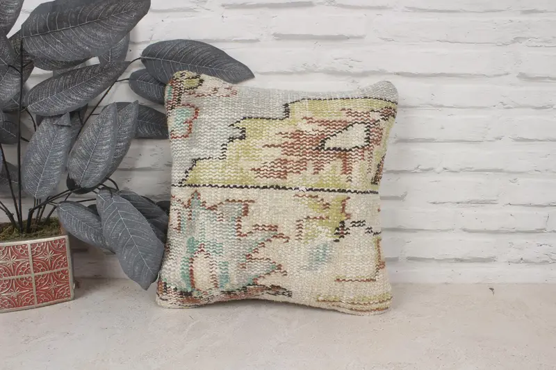 Pillow Cover, Vintage Pillow, Southwestern Pillow Case, Vintage Kilim Throw Pillow, 14x14 Beige Pillow, Ethnical Kilim Rug Pillow - 1