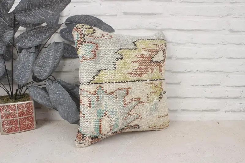 Pillow Cover, Vintage Pillow, Southwestern Pillow Case, Vintage Kilim Throw Pillow, 14x14 Beige Pillow, Ethnical Kilim Rug Pillow - 3