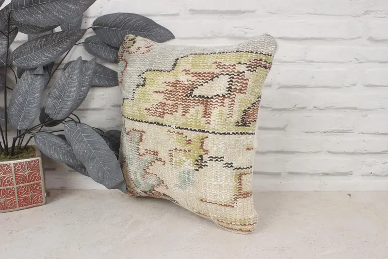 Pillow Cover, Vintage Pillow, Southwestern Pillow Case, Vintage Kilim Throw Pillow, 14x14 Beige Pillow, Ethnical Kilim Rug Pillow - 4