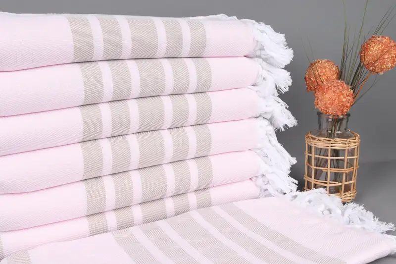 Turkish Bath Towel Embroidered Chevron, Powder Pink-Beige, 36x67 Inches