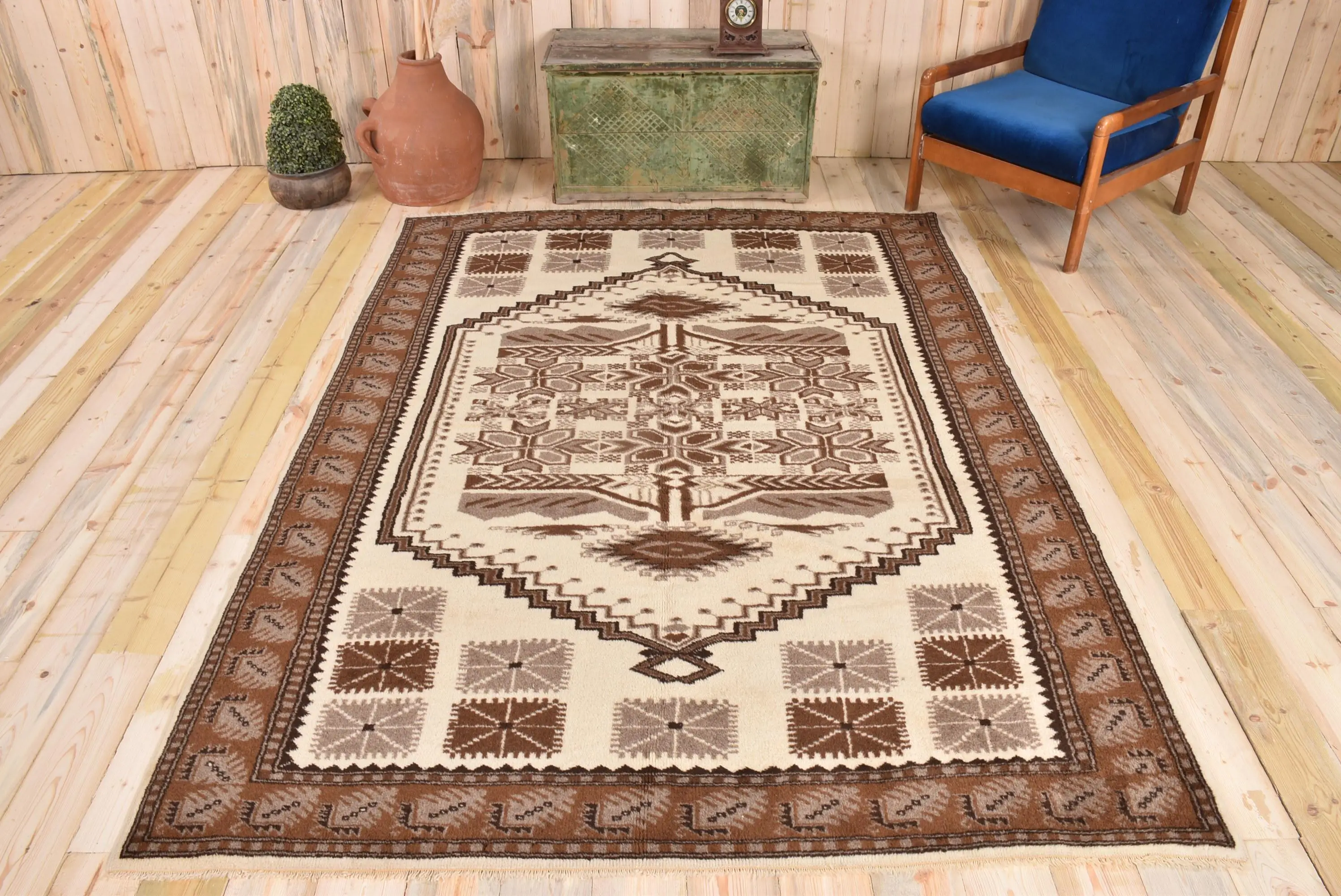 Vintage Rug, 6x8.3 ft Turkish Rug, Brown White Abstract Wool Rug - 1