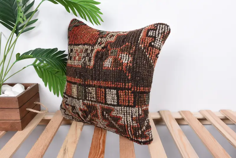 Vintage Pillow, Interior Designer Pillow, Kilim Pillow Cover, 16x16 Brown Pillow, Floor Cushion Cover, Pillow Cover, Armchair Cushion - 5