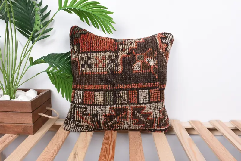 Vintage Pillow, Interior Designer Pillow, Kilim Pillow Cover, 16x16 Brown Pillow, Floor Cushion Cover, Pillow Cover, Armchair Cushion - 1