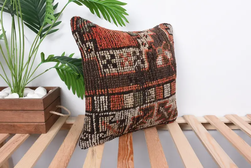 Vintage Pillow, Interior Designer Pillow, Kilim Pillow Cover, 16x16 Brown Pillow, Floor Cushion Cover, Pillow Cover, Armchair Cushion - 4