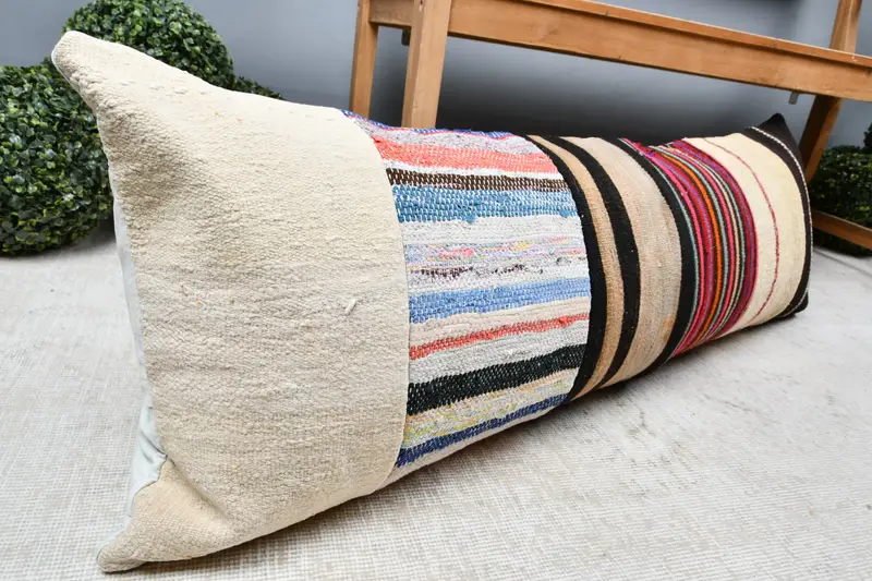 Pillow Sham, Throw Kilim Pillow, 16x48 Beige Pillow Case, Ethnical Kilim Rug Pillow, Handmade Kilim Cushion, Cozy Throw Pillow Cover - 7