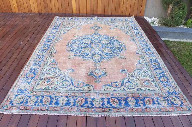 Turkish Large Rug, 6.7x9.6 ft Vintage Rug, Blue Oushak Wool Rug - 1