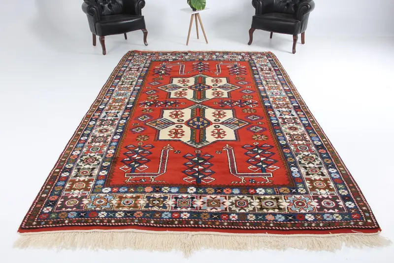 Turkish Vintage Oversize Rug 6.7x10.6 ft, Red Blue Floral Rug - 1