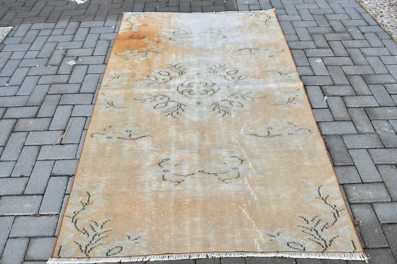 4.1x6.4 ft Vintage Alan Halısı, Kahverengi Beyaz Türk İkat Yün Halı - 1