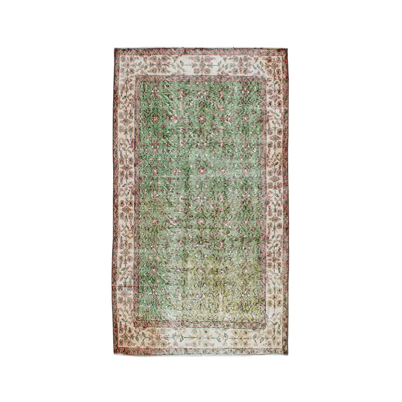 Vintage Area Rug 3.8x6.7 ft, Green Bordered Turkish Wool Rug - 1