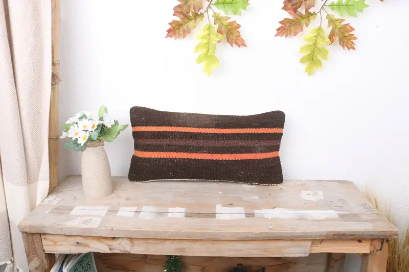 Home Decor Pillow, Kilim Pillow Cover, Seat Pillow, 8x16 Brown Cushion Case, Antique Pillows, Accent Throw Pillow Cover, Pillow Case - 1