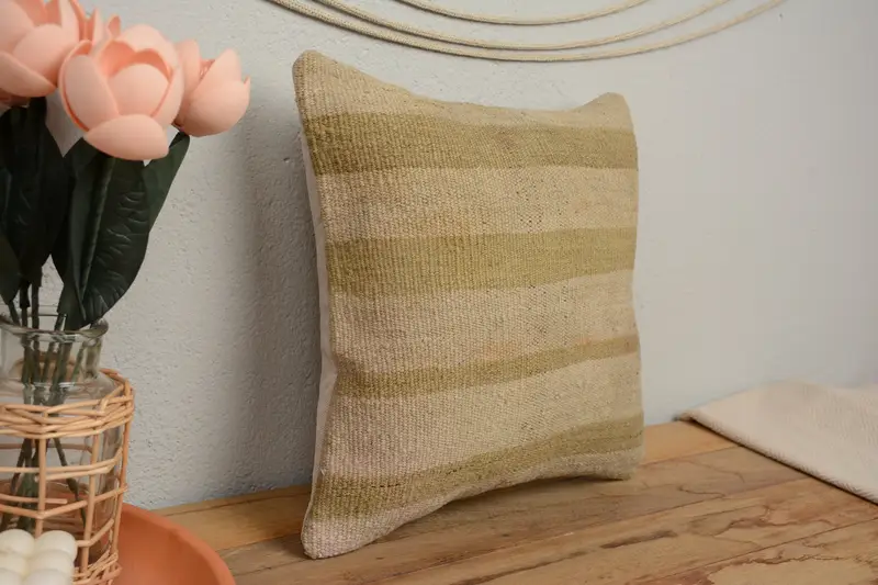 Kilim Cushion Sham, Pillow Cover, Pillow for Sofa, Authentic Pillow Sham, Hippie Throw Cushion, 14x14 Beige Pillow Cover, Vintage Kilim Pillow - 1
