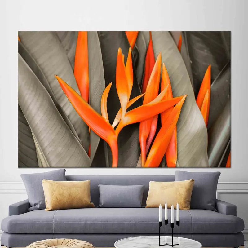 モダンリーフオレンジキャンバス：トレンディで芸術的なプリント壁装飾